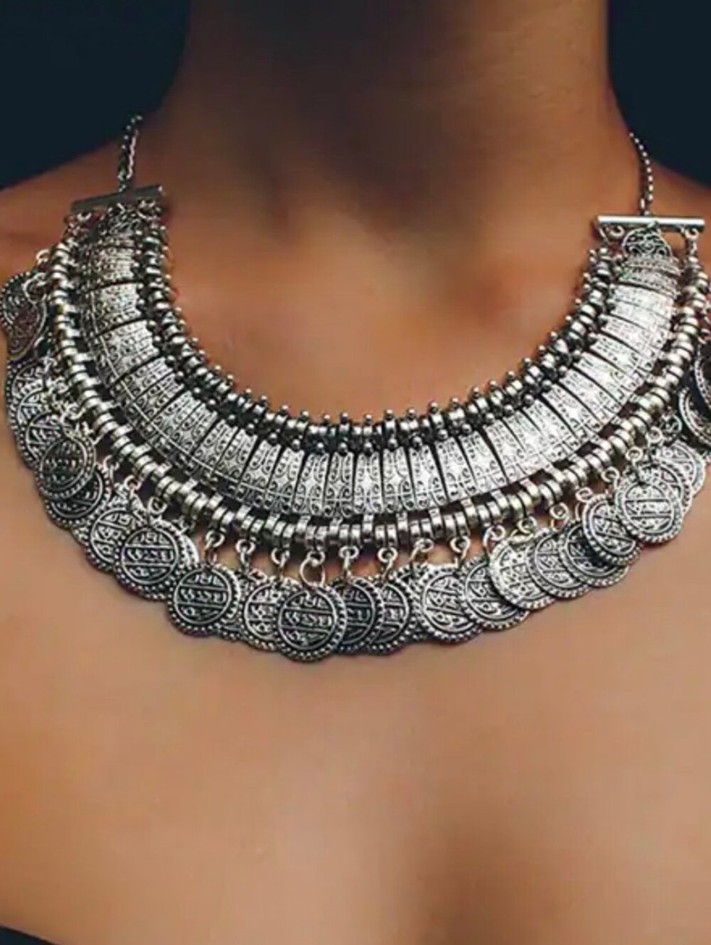 Vintage Turkish Oxidized Silver Coin Necklace